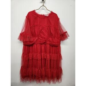 Ivy City Co Women's 4X Red Tiered Ruffled Whimsical Knee Length Dress, Mesh Lace